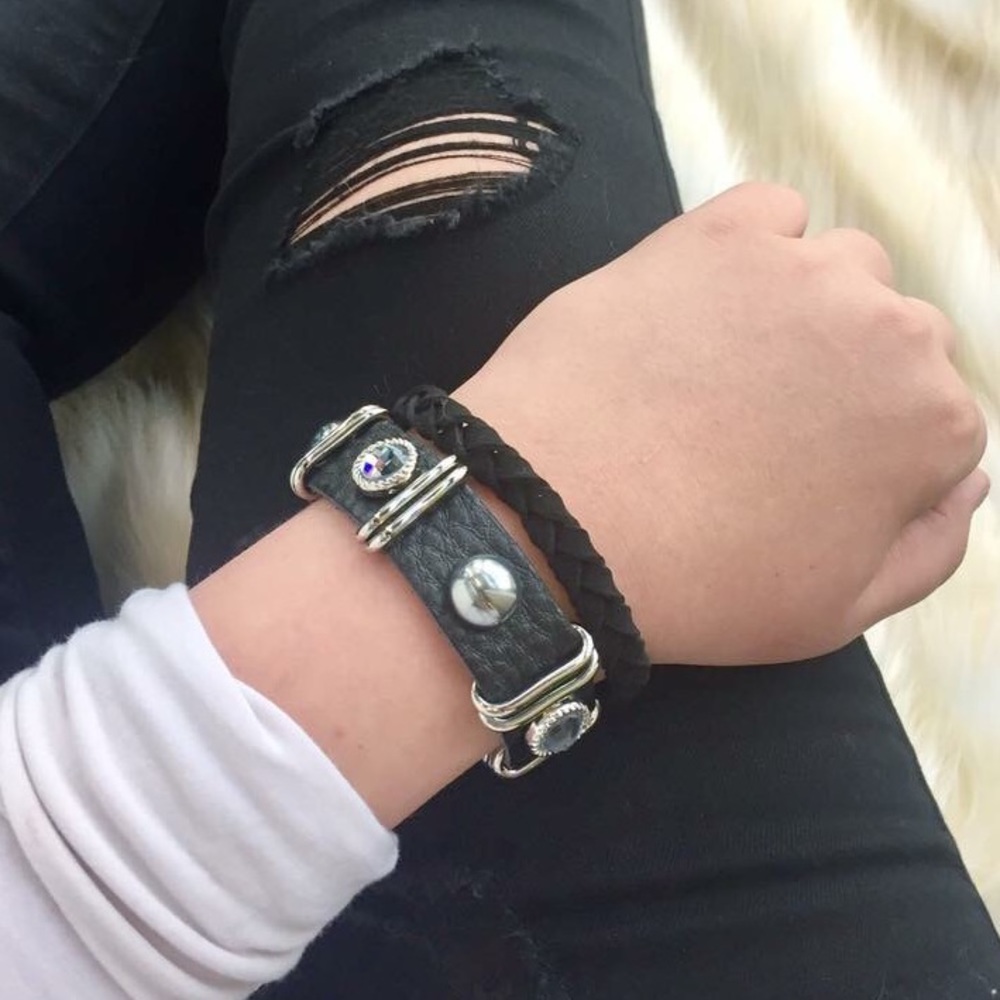 Black leather band studded bracelet